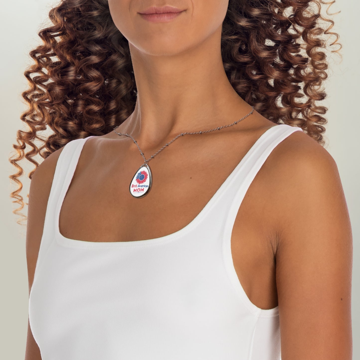 Best American Mom Red, White & Blue Oval Pendant Necklace