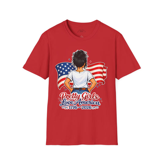 Pretty Girls Love America Softstyle Tee - Deep Black Hair (Light Tees)