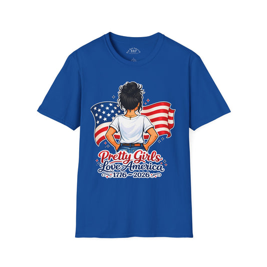 Pretty Girls Love America Softstyle Tee - Deep Black Hair (Dark Tees)