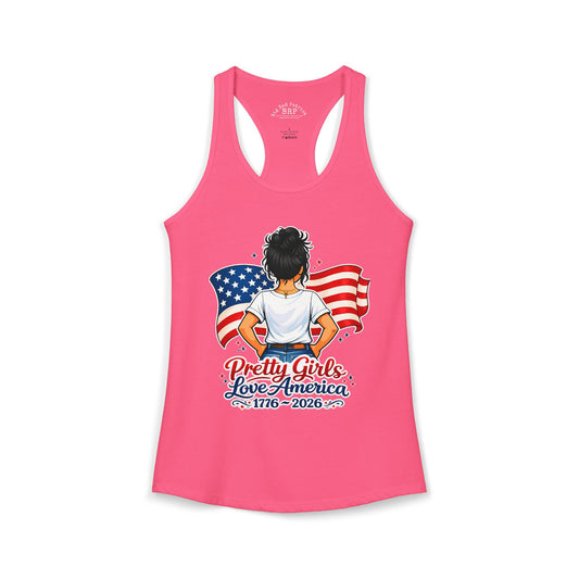 Pretty Girls Love America Ladies Ideal Racerback Tank - Deep Black Hair