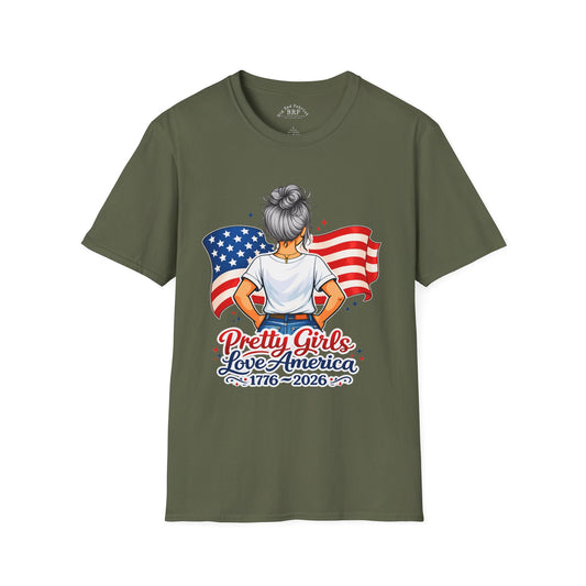 Pretty Girls Love America Softstyle Tee - Silver Hair (Dark Tees)