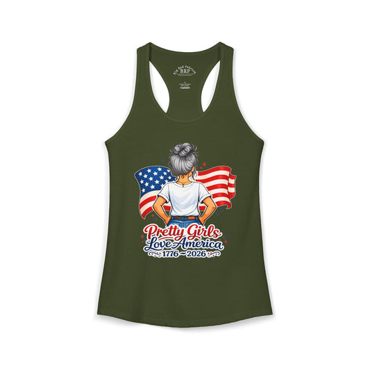Pretty Girls Love America Ladies Ideal Racerback Tank - Silver Hair