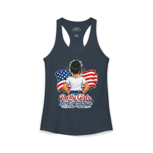 Pretty Girls Love America Ladies Ideal Racerback Tank - Deep Black Hair